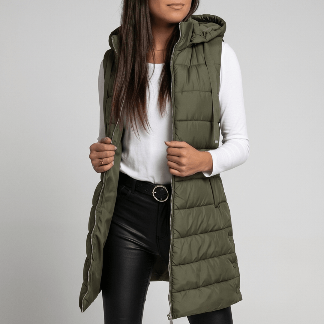HARPER | Longline puffer vest with hood - Liora Melbourne