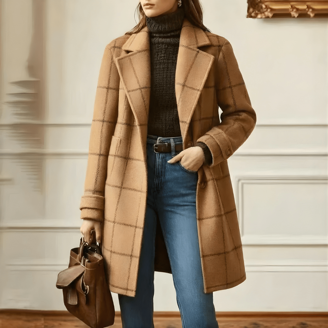KORA | Long coat with plaid tweed pattern - Liora Melbourne