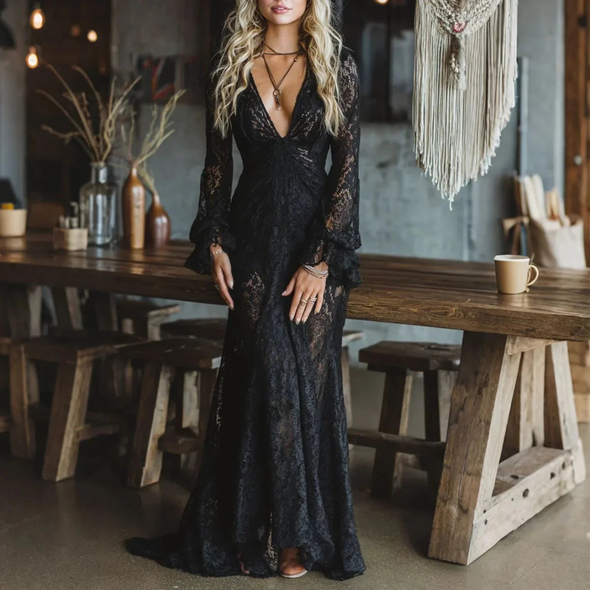 RACHEL | Maxi dress with lace bell sleeves - Liora Melbourne