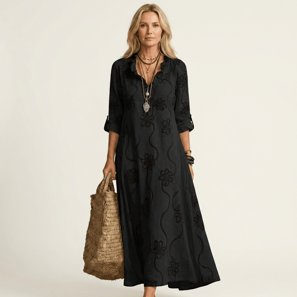 MARIAM | Maxi dress with tonal floral embroidery - Liora Melbourne