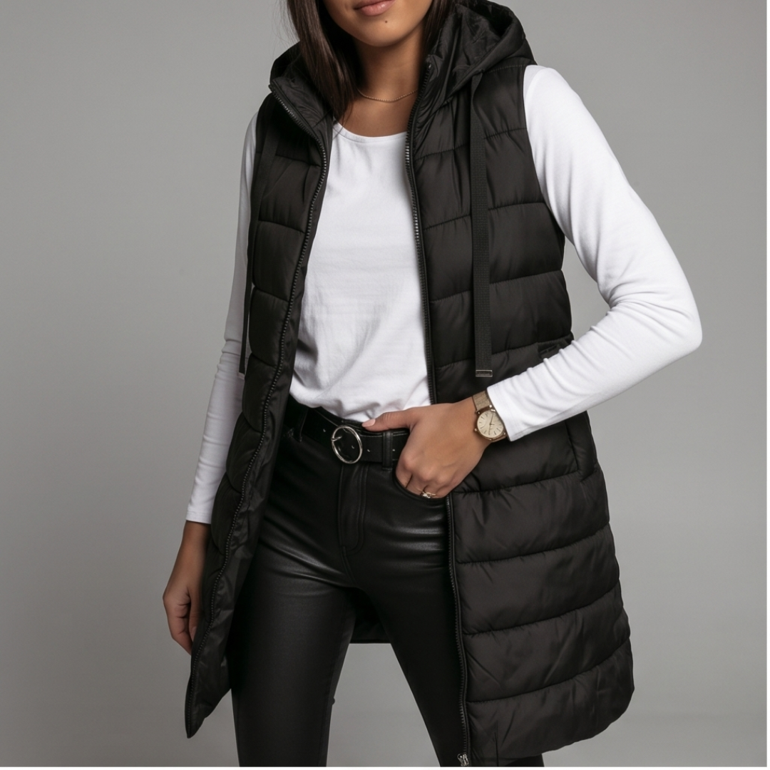 HARPER | Longline puffer vest with hood - Liora Melbourne