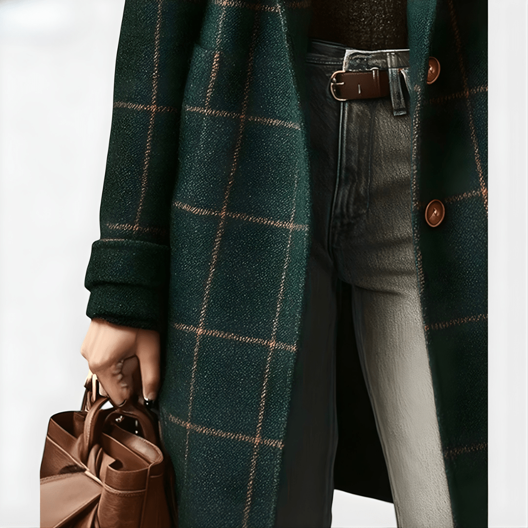 KORA | Long coat with plaid tweed pattern - Liora Melbourne
